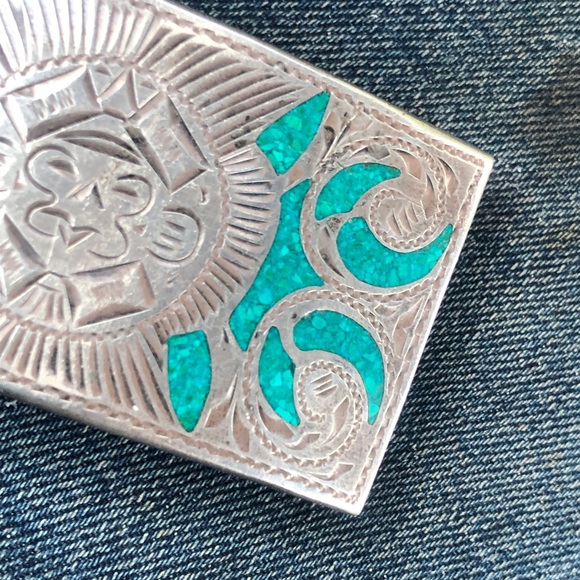Vintage Sterling Silver Turquoise Aztec Mayan Belt Buckle Mexico - Picture 16 of 16